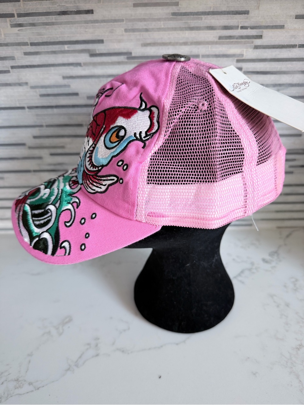 Vintage Ed Hardy Pink Koi Fish Embroidered Cap with Teal Wave Accents - Picture 4 of 7